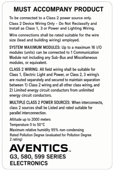 Aventics compliance and wiring label printed by Michigan Shippers Supply