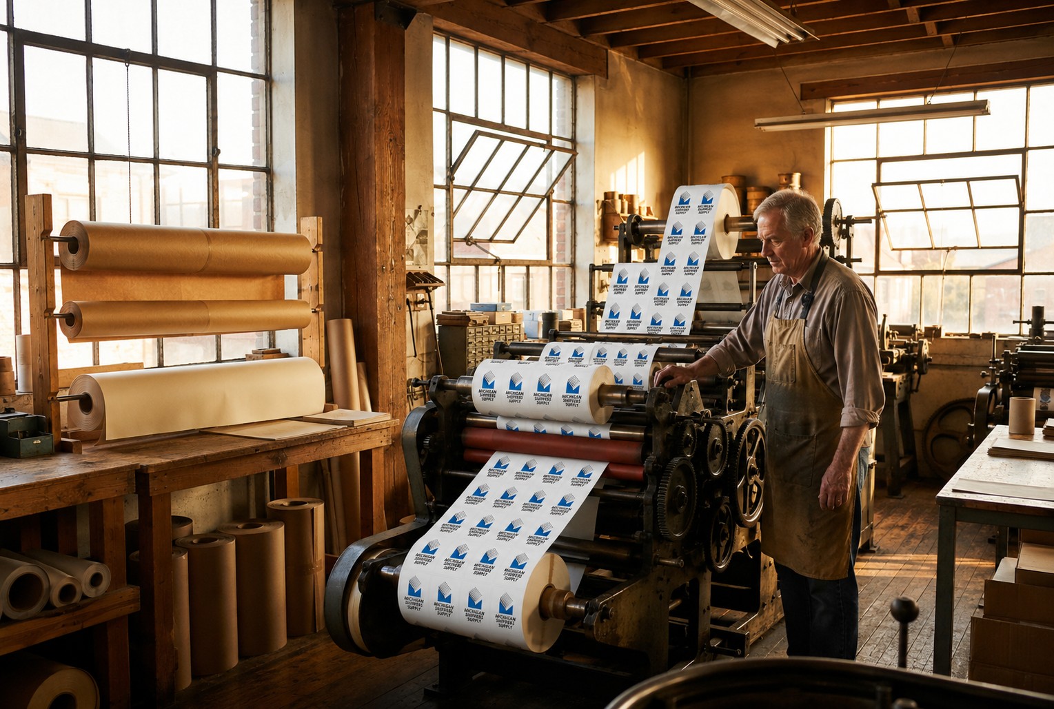A press at Michigan Shippers Supply running a roll of labels